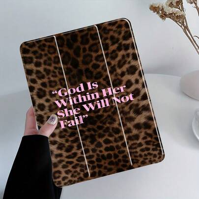 Christian Case For IPad Compatible For IPad 10th/11th/9th Mini/Air/Pro 4th/8/7/6/5th With Pencil Holder & Auto Wake/Sleep Cover - Leopard Print "God Is Within Her She Will Not Fail" Verse Case, Faith-Based Tablet Protective Cover For Women & Men Gift
