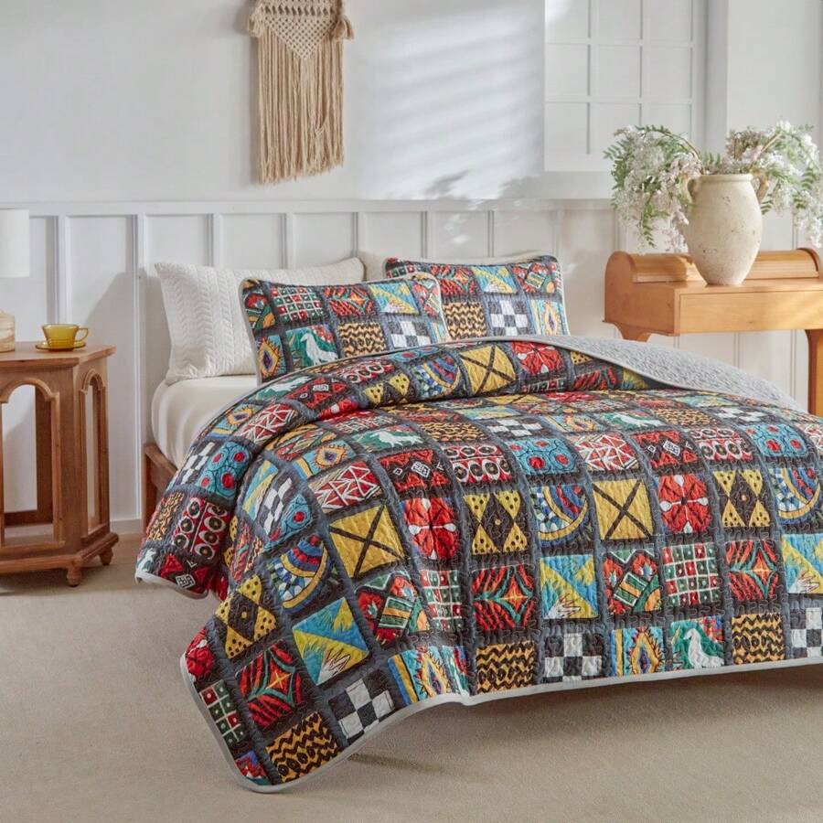 3pcs King Size Duvet Cover Set With Pillowcase, Lightweight & Soft Quilted Bedspread, Digital Printed Bed Cover For All Seasons, Spring/Summer - Multicolor - View 1