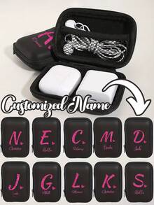 Personalized Customized Name Digital Accessory Headphones Storage Box,Portable Multifunctional Data Cable Zipper Bag,Rose Red Shiny Heart Pattern Letter A-Z Portable Mini Storage Bag,Love Pattern Waterproof And Anti Drop Digital Bag, Initial Name Logo Phone Charger Data Cable Storage Bag