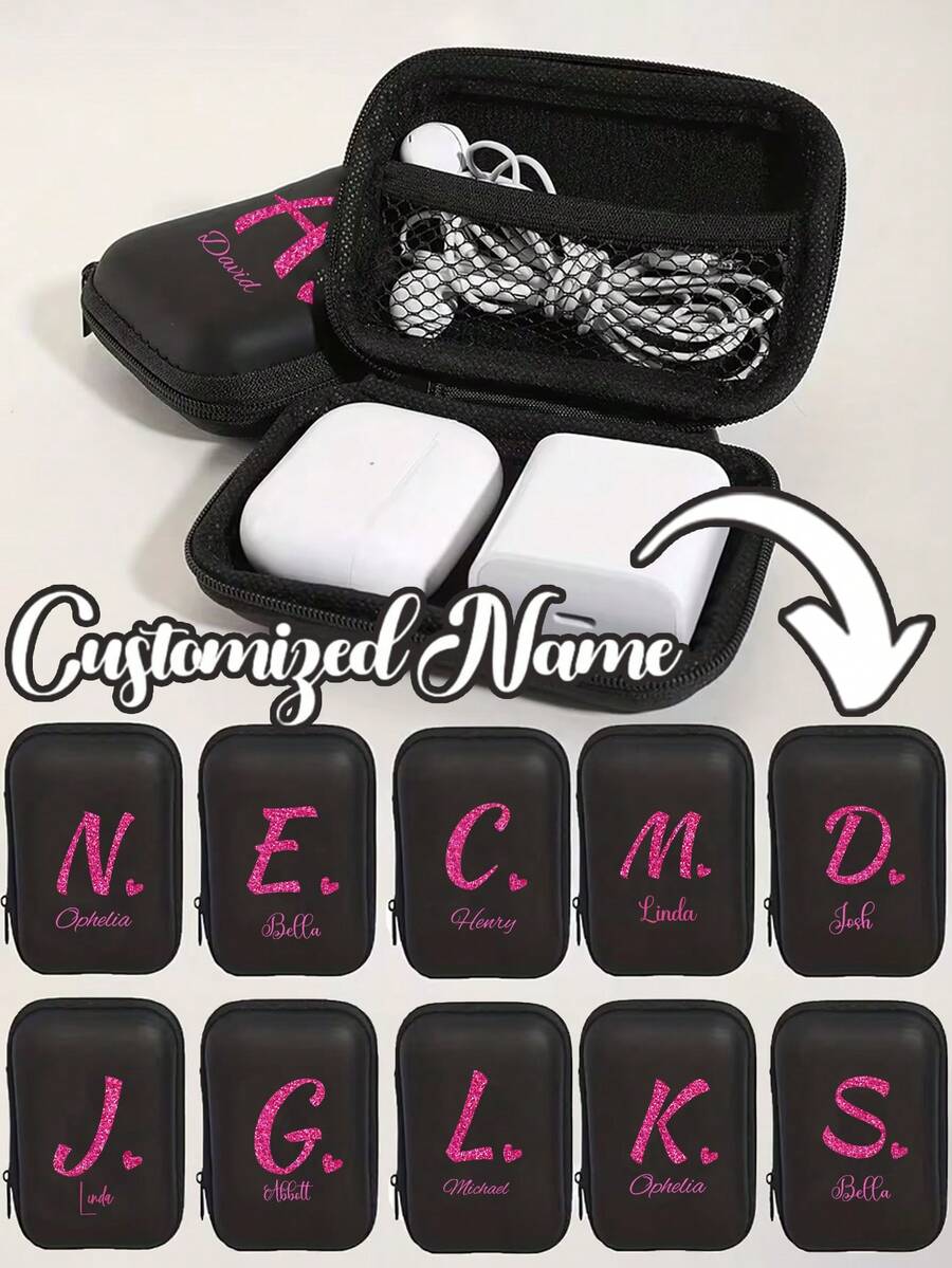 Personalized Customized Name Digital Accessory Headphones Storage Box,Portable Multifunctional Data Cable Zipper Bag,Rose Red Shiny Heart Pattern Letter A-Z Portable Mini Storage Bag,Love Pattern Waterproof And Anti Drop Digital Bag, Initial Name Logo Phone Charger Data Cable Storage Bag