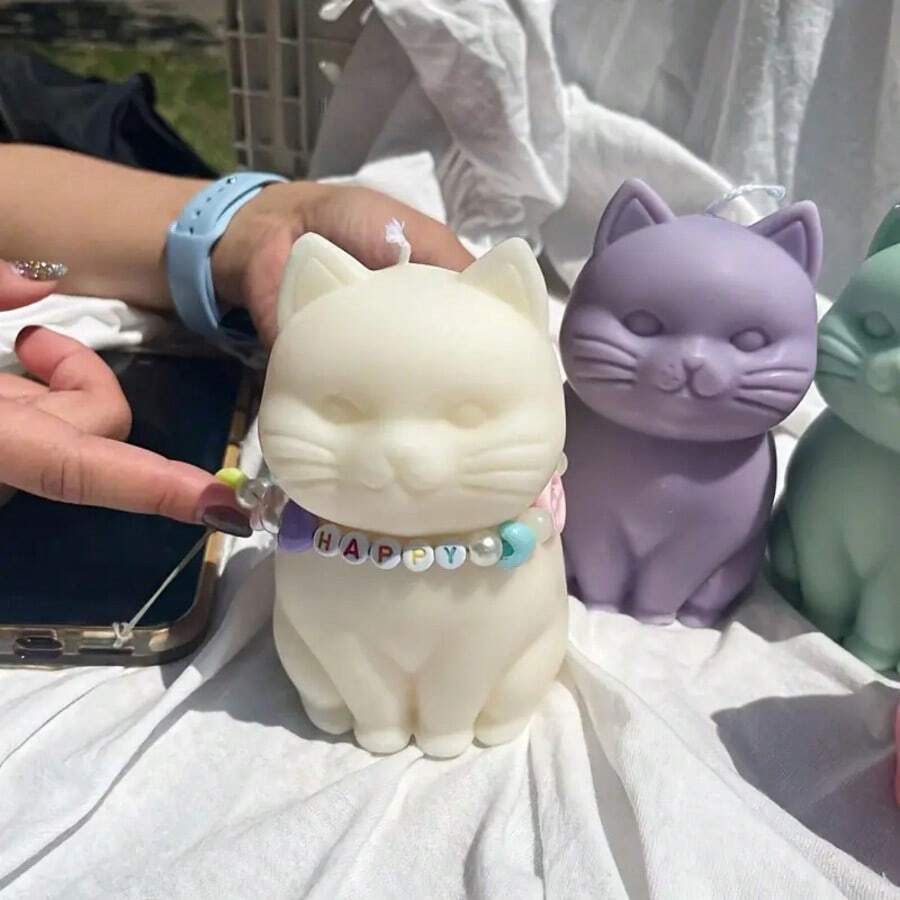 1pc 3D Sitting Cat Candle Mold Silicone Mold - White - View 1
