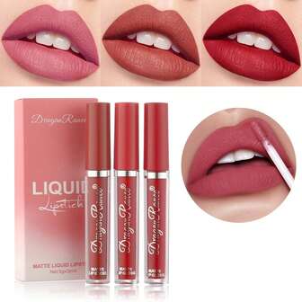 Dragon Ranee Set de brillo de labios de terciopelo mate, 3 piezas, esmalte de labios de larga duración, kit de lápiz labial líquido resistente al agua que no se decolora, Set de maquillaje de lápiz labial