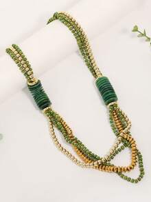 1pc Vintage Green Multi-Layer Handmade Beaded Long Necklace - Dark Green - View 7