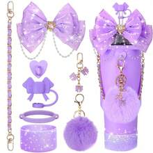 8 Pieces - Cute Pink Water Bottle Accessory Set - Sparkling Bow Straw Hat, Pendant, And Chain Belt Set - Compatible With 8-40oz Insulated Rollers/Travel Cups - Sparkling Decoration For Girls - Nhiều màu - Xem 11