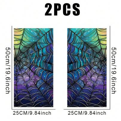 2pcs Vibrant Stained Glass Spider Web B-Pillar Protectors - Self-Adhesive Car Decals With Teal, Blue & Purple Design, Plastic Glossy Finish For Scratch & Dent Protection, Easy Peel & Stick Temporary Vinyl Stickers For Cars