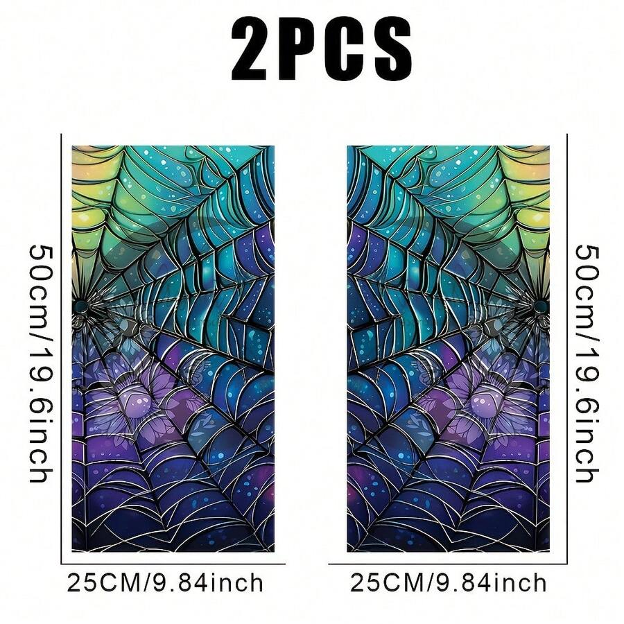 2pcs Vibrant Stained Glass Spider Web B-Pillar Protectors - Self-Adhesive Car Decals With Teal, Blue & Purple Design, Plastic Glossy Finish For Scratch & Dent Protection, Easy Peel & Stick Temporary Vinyl Stickers For Cars - A - View 1