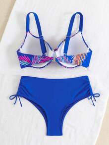 RWX VEST Plus Size Bikini Set With Floral Print, Tie-Up Top And Front Detail - XX561 - 寶藍色 - 查看 2