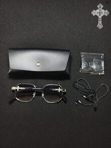 Diamond Heart Cross 1pc Retro Metal Square Frame Steampunk Fashion Glasses, European And American Fashion Personalized Crossborder Metal Frame Fashion Glasses, Classic Square Frame Business Style Fashion Glasses With Heart & Cross Rhinestone Decor (Glasses Case + Glasses Cloth + Glasses Strap) - 彩色 - 查看 9