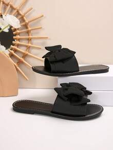 女士休闲平底拖鞋，圆头防滑凉拖，室内外沙滩凉鞋 - 黑色 - 查看 7