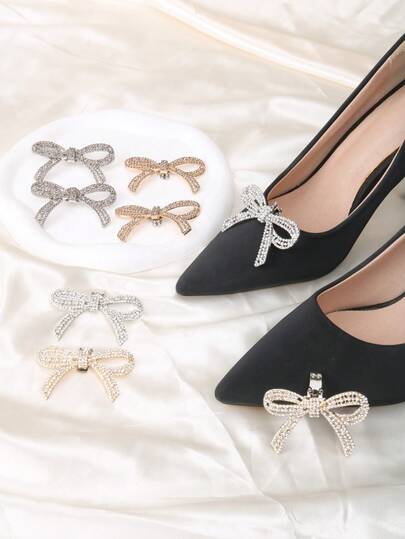 2pcs Detachable DIY Shoe Accessories, Rhinestone, Pearl, Bow, Metal Buckle Decorations, Fashion Elegant Accessories For High Heels, Shoes, Bags, In White, Gold, Black, Green