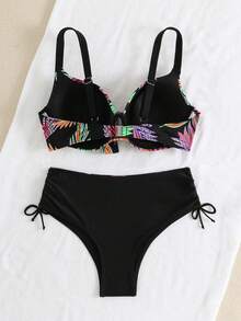 RWX VEST Plus Size Bikini Set With Floral Print, Tie-Up Top And Front Detail - XX561 - Black - View 2