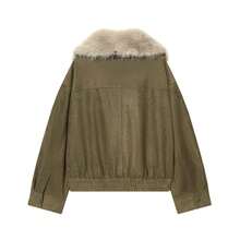 Winter Faux Fur Coat, Natural Women's High-Quality Genuine Leather Jacket With Oversized Faux Fur Collar, Luxury Style - Khaki - View 8