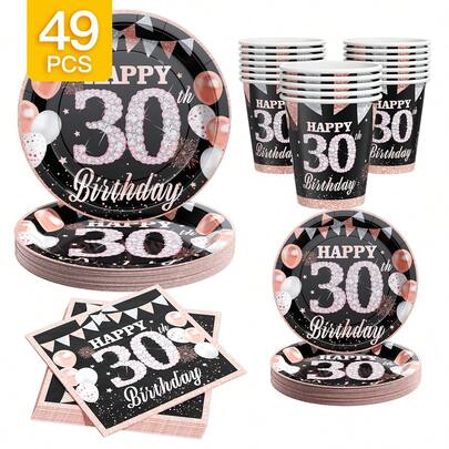 30th Birthday Diamond Black Background Disposable Plate, Napkin, Cup Set, Serves 8 Guests, Suitable For Birthday, Wedding, Party, Family Picnic