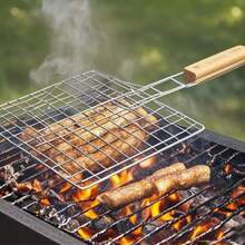 2/1件装不锈钢折叠烧烤篮，户外烹饪工具及配件，烧烤工具，烤架，烤盘，厨房工具，可拆卸便携式鱼菜架，户外烧烤配件 | 可拆卸手柄 | 不锈钢篮，户外烧烤配件，大容量便携式烧烤篮 - 耐用金属和木材设计，适用于烤鱼、鸡翅等