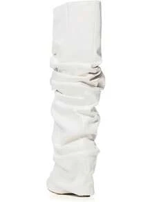 Women's Slouched Ruched Fold Over Boots - Patent Leather Covered Wedge Heel Wide Calf Pointed Toe Knee High Casual Boots - White - View 4