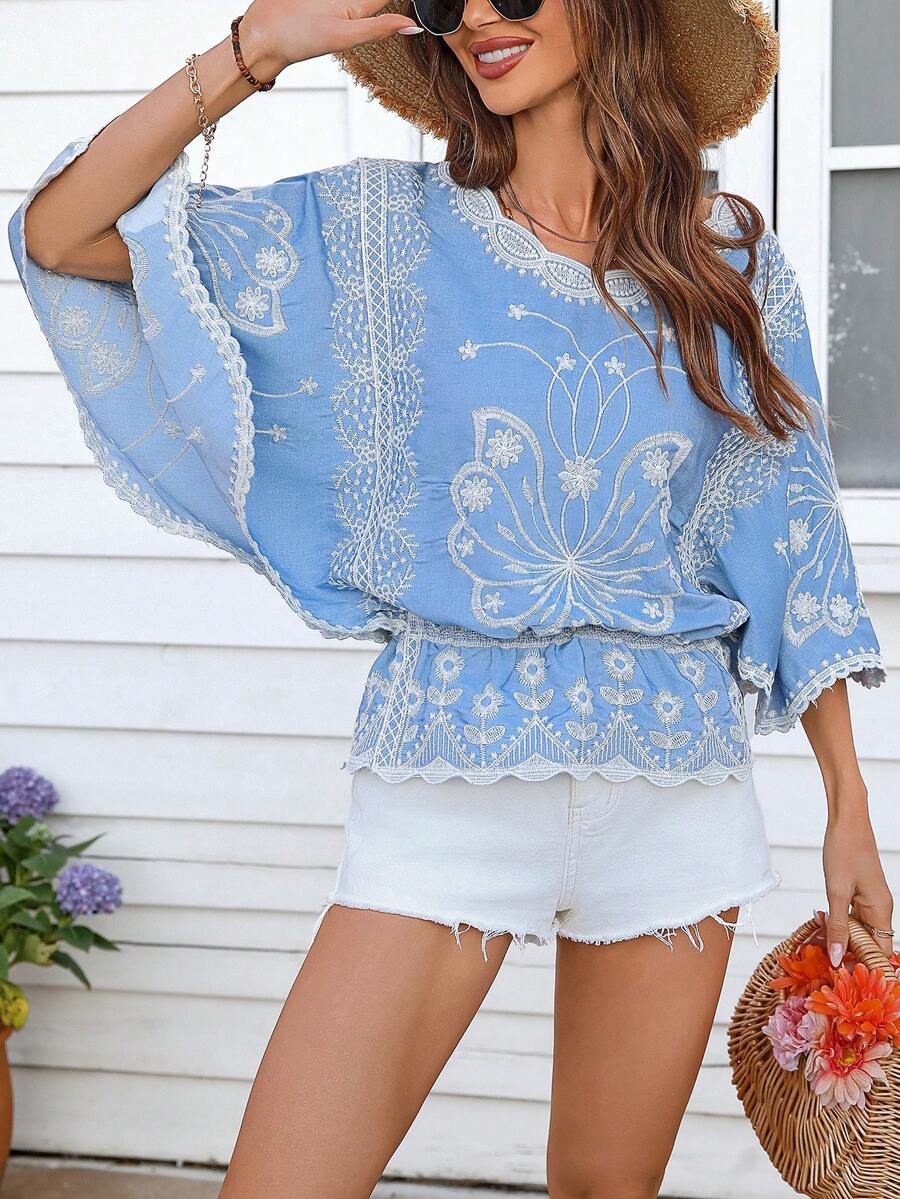 度假风休闲蝴蝶刺绣圆领短袖套头衫 - 藍色 - 查看 1