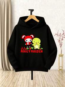 Cute Cartoon Animal Print Kids- Hoodie - Soft With Red And Green Rabbit And Turtle Design, Cozy FallWinter Pullover For Boys And Girls, Casual Playwear, For Outdoor, Durable Fabric_056 - Đen 19 - Xem 1