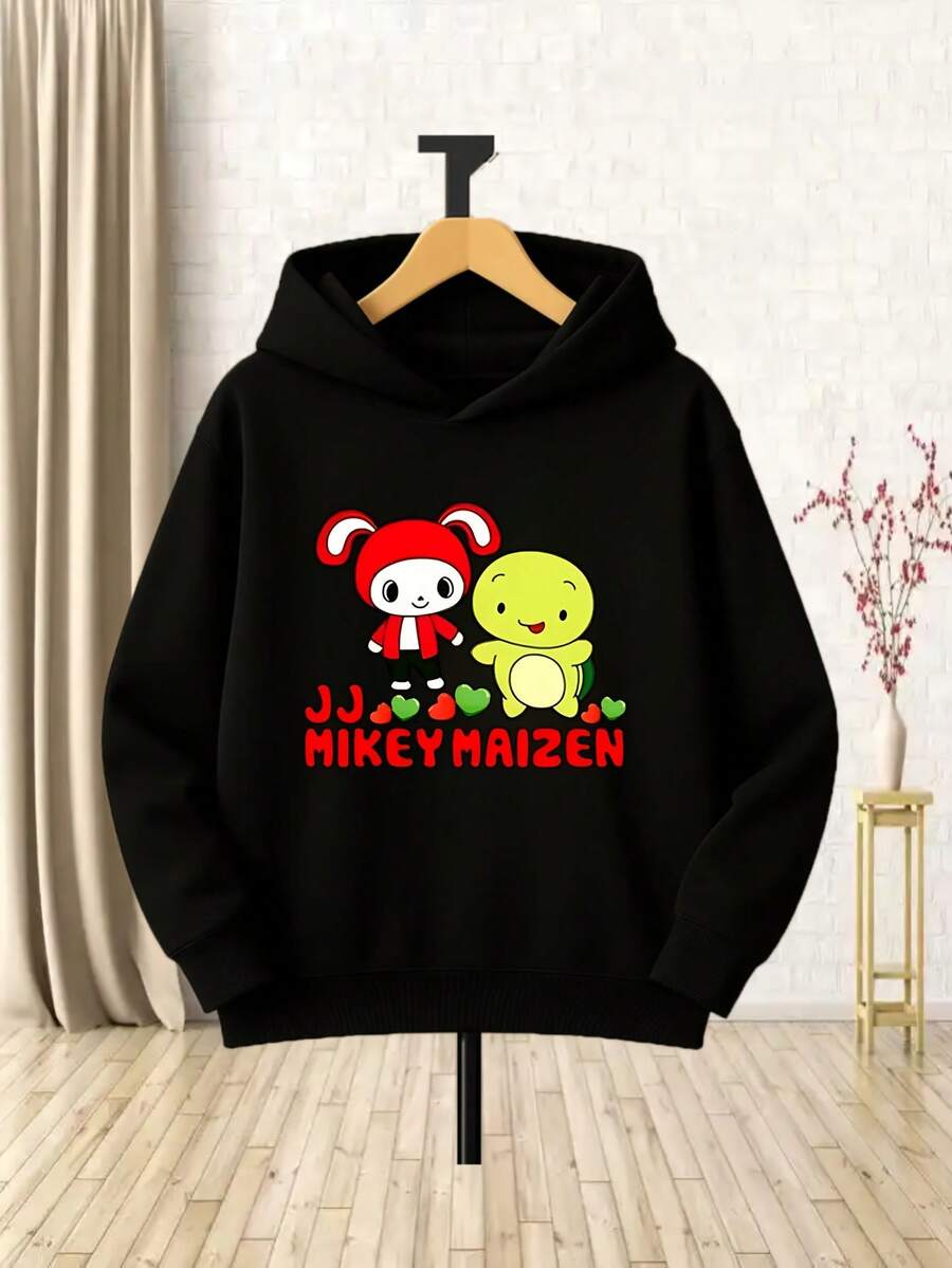 Cute Cartoon Animal Print Kids- Hoodie - Soft With Red And Green Rabbit And Turtle Design, Cozy FallWinter Pullover For Boys And Girls, Casual Playwear, For Outdoor, Durable Fabric_056 - Đen 19 - Xem 1