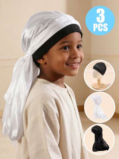3件套儿童缎面杜拉格长尾头巾套装 - 弹力海盗帽，男女童通用，日常及角色扮演弹性头套