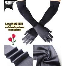 SUFEINI Women Long Satin Gloves Stretchy Elbow Length 21'' Opera Party Gloves 1920 S Womens Flapper Gloves,Large,Black-Cotton - 黑棉 - 查看 3