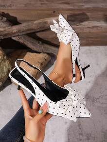 Novos Sandálias Mule de Salto Alto Fino com Bico Fino, Laço Decorativo e Bolinhas para Mulheres - Bege - Visão 5
