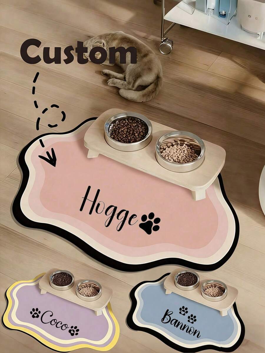 Customizable Quick-Drying Pet Feeding Mat, Personalized Waterproof Non-Slip Cat Bowl Mat With Pet Name, Splash-Proof Absorbent Paw Print Pattern Mat For Cats And Dogs, Pet Memorial Keepsake