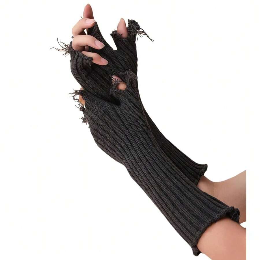 Mrotrida Women's Punk Fingerless Glove Cosplay Ripped Gloves For Halloween Costume Party 1Pair,DarkGreyKnitted - 深灰色針織衫 - 查看 1