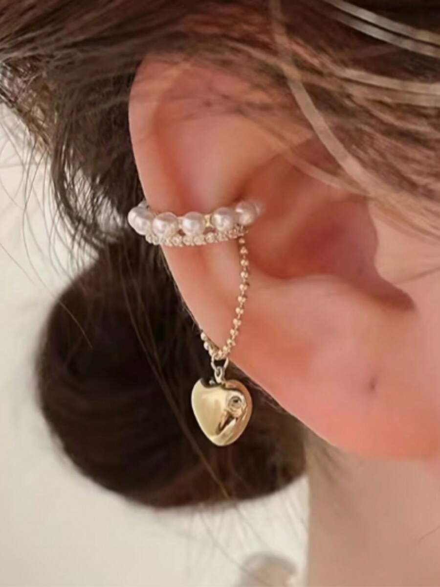 1pc Elegant & Fashionable Heart-Shaped Crystal Beaded Gold Hoop Pendant Clip, Women's Party Gift - Multicolor - View 1
