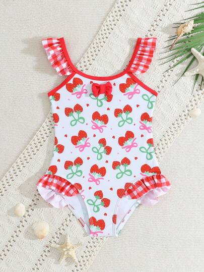 1pc Cute Strawberry Print Girls' One-Piece Swimsuit