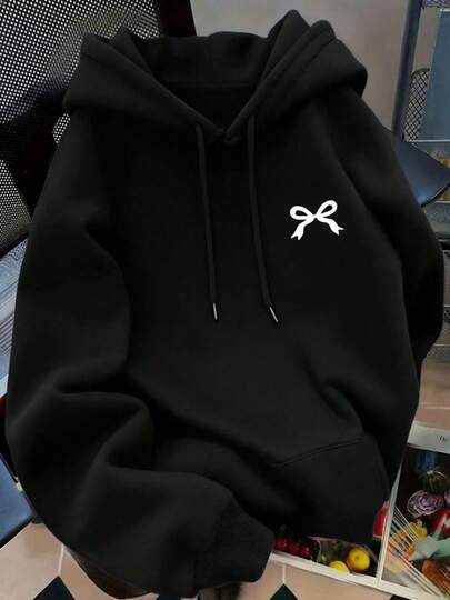 Women's Bow Print Long-Sleeve Hooded Jumper – Comfortable Loose Fit Jumper In Navy Blue, Soft Casual Pullover, Cozy Fabric, Essential For Holiday Wear,Hoodies For Women,Tops For Women