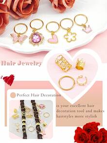 45 pièces Accessoires pour cheveux avec pendentifs en forme de cœur pour tresses, pinces à cheveux avec pendentifs en forme de cœur rose, papillon et couronne, décorations pour cheveux, accessoires pour la Saint-Valentin, décorations pour tresses, boucles d'oreilles, accessoires de la Saint-Valentin - Doré - Voir 5