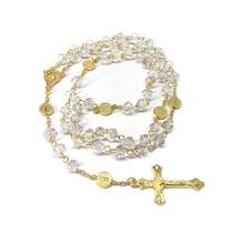 1PCS Pink Crystal Cross Rosary Necklace Transparent Colorful Crystal Necklace Jewelry - 粉紅水晶念珠項鍊-金色 - 查看 9