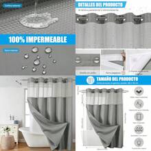 XISH Cortina de Baño sin Gancho con Forro a Presión 183x191cm de Cortina de Ducha de Tela Gofre Doble Capa Impermeable y Lavable Cortina Regadera Antimoho para Hogar Baño Gris 183 * 191cm - Blanco - Ver 7
