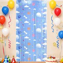 Cortina de fondo, linda cortina de puerta azul con estampado de pata de nube, telón de fondo para recuerdo de fiesta - Azul - Ver 1
