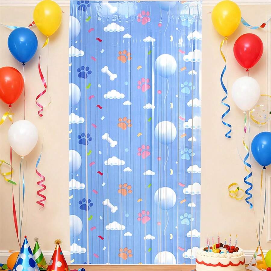 Cortina de fondo, linda cortina de puerta azul con estampado de pata de nube, telón de fondo para recuerdo de fiesta - Azul - Ver 1
