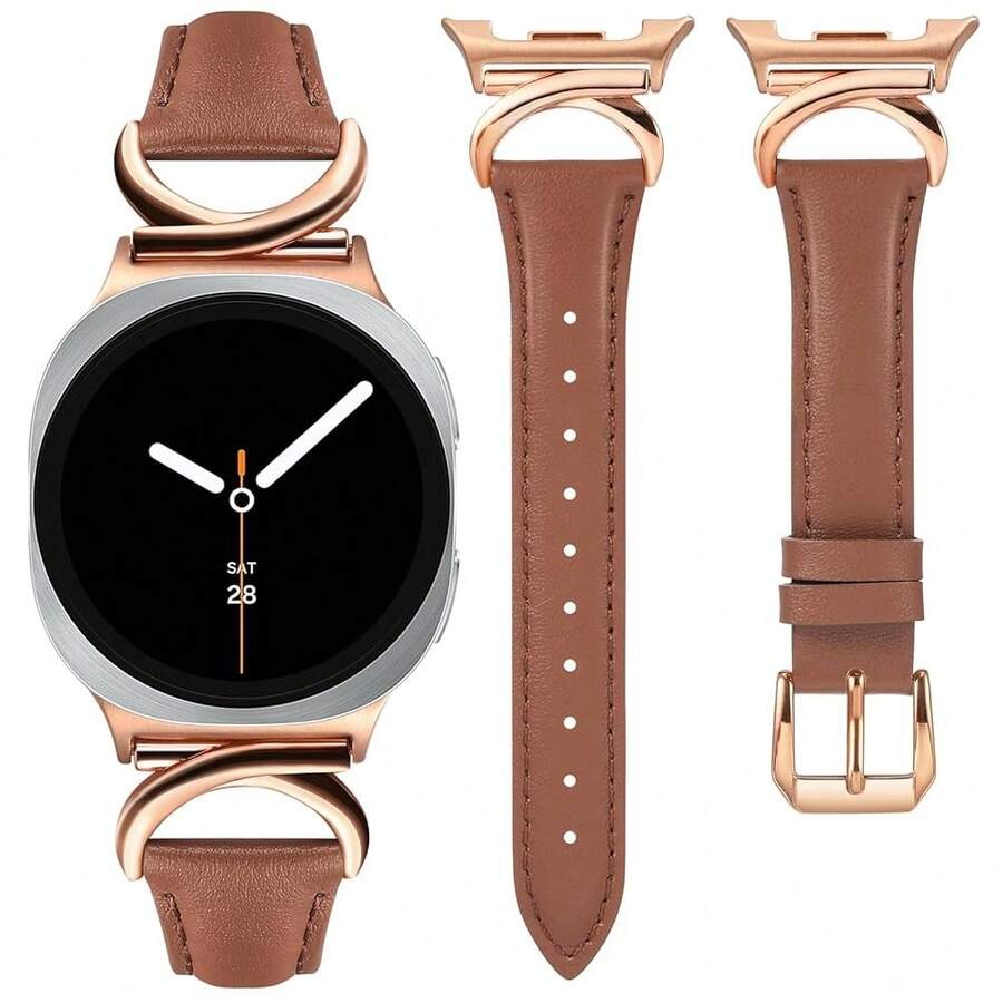 Minyee Leather Band Compatible With Samsung Galaxy Watch 8 40mm 44mm/ 8 Classic 46mm Bands, No Gap One-Click Slim Thin Dressy Leather Strap With C-Shape Metal Buckle Women, NOT For Other Models,Brown/RoseGold - 棕色/玫瑰金 - 查看 1