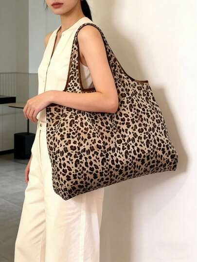 Bolso de mano estampado de leopardo de moda, material de poliéster duradero, bolso de mano estampado de leopardo de gran capacidad para mujeres | Espacioso, plegable, adecuado para uso diario, viajes, trabajo, compras - Bolso de mano estampado de leopardo de moda, bolso multiusos, asas resistentes, accesorio de moda