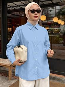 DAZY Women's Plain And Simple Long Sleeve Daily Shirt,Long Sleeve Tops,Fall Clothes Spring - Blue - View 5