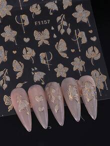 2pcs Luxury Shiny Flower Nail Art Stickers, Gold Flower Heart Leaf Self-Adhesive 3D Nail Decals, Nail Sliders, Women & Girls Nail Art Supplies Nails - Multicolor - View 9