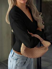 Y2K Style Sexy Solid Color Button Design Long Sleeve V-Neck Black Cardigan Sweater, Suitable For Spring, Valentine's Day And Back To School Season