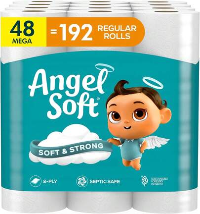 Angel Soft Toilet Paper, 48 Mega Rolls = 192 Regular Rolls 4 Mega Rolls = 16 Regular Rolls, 6 Mega Rolls = 24 Regular Rolls, Soft And Strong Toilet Tissue Ultra Clean Care With A Wavy Texture, Effectively Cleans, Septic TankSafe And Clog-Proof, Soft And Strong, Value Pack.Toilet Paper, Extra Large Rolls, Septic TankSafe Paper, Clog-Proof, Soft And Strong, Ultra Clean Texture, Flushable Toilet Paper,Packaging May Vary