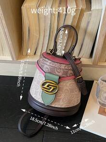 2026 New Printed Bucket Bag, Unique Design Half-Round Handbag, Women's Fashion Color Block Shoulder Bag, Classic Lightweight Luxury Crossbody Bag - 玫紅色 - 查看 3