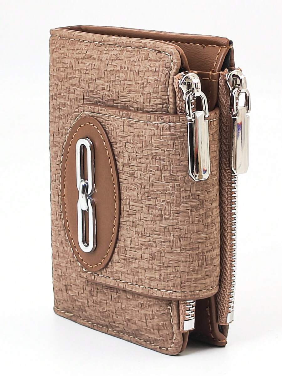 Women's Short Wallet Woven Texture Soft Refined PU Wallet Fashion Snap Closure Dual Zipper Large Capacity Multi-Function Wallet Card Holder Lightweight Minimalist Clutch Suitable For Holiday Gifts For Men Wallet Mini Wallet Purse Wallet Small Wallet - Brown - View 1