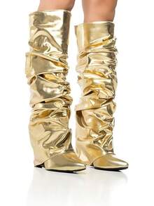 Women's Slouched Ruched Fold Over Boots - Patent Leather Covered Wedge Heel Wide Calf Pointed Toe Knee High Casual Boots - Gold - View 5