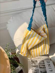 1pc Multi-Color Customized Embroidery Patchwork Striped Shoulder Bag, Fashion Tote Bag With Ruffle Strap, Personalized Bag For Shopping, Commuting, Daily Use, Travel Or Leisure Outing - Multicolor - View 8