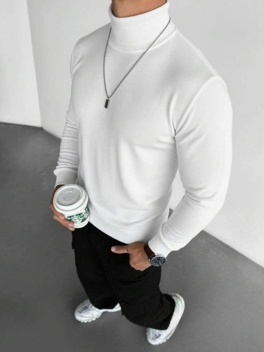 Men's Fashionable Turtleneck Long Sleeve Sweater, Autumn/Winter - White - View 1