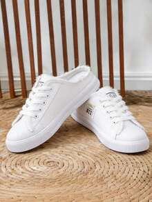 Zapatos de lona con cordones de moda para mujer, zapatillas casuales para mujer, zapatos de lona para mujer, nuevos zapatos planos casuales de primavera y verano de estilo coreano, zapatos ajustados, zapatillas de deporte y zapatos deportivos para estudiantes, zapatos casuales de plataforma estilo callejero americano para mujer. - Blanco - Ver 7