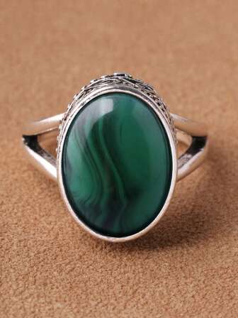 1pc Vintage Silver-Tone Green Striped Ring, 1pc Oval Ring, 1pc Faux Turquoise Ring