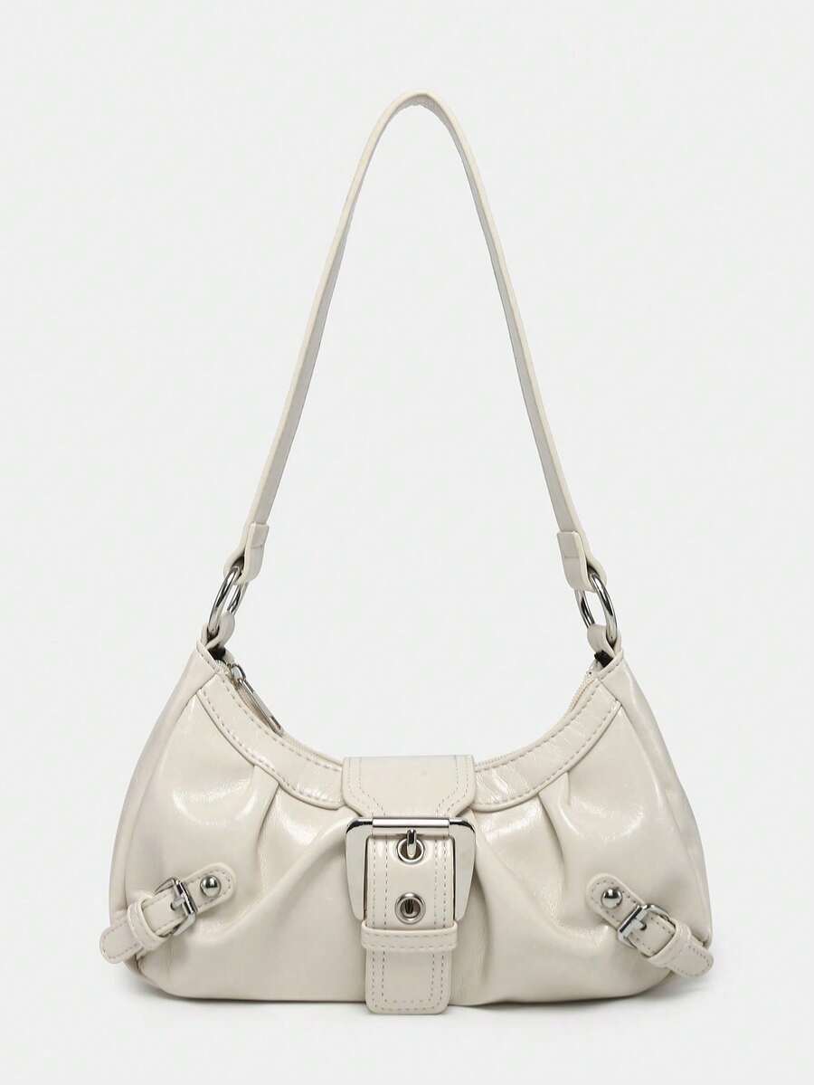 1pc Women's Retro Merlot Distressed Leather Motorcycle Bag With Rivet, Buckle, Ruched Cloud Decor, Shoulder/Armpit Bag For Work, Date, Party, Street & Japanese Bag For Women , Y2k - 米色 - 查看 1