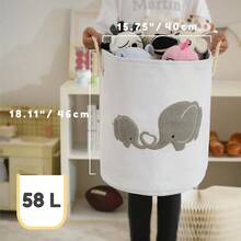 INough Cesto de Lavandería para Bebé Cestas para la Ropa de Bebé de Lona de 58L Extra Grande Cesto de Lavandería Plegable para Guardería con Cierre de Cordón Cestas de Juguetes Gris Elefante - Negro - Ver 5